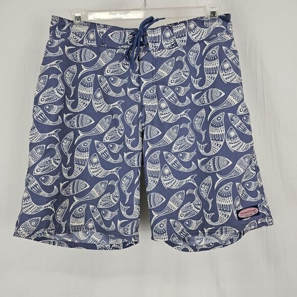 Vineyard Vines All Over Aztecan Fish Print Pattern Boardshorts Mens SZ 32×9 - Picture 1 of 6